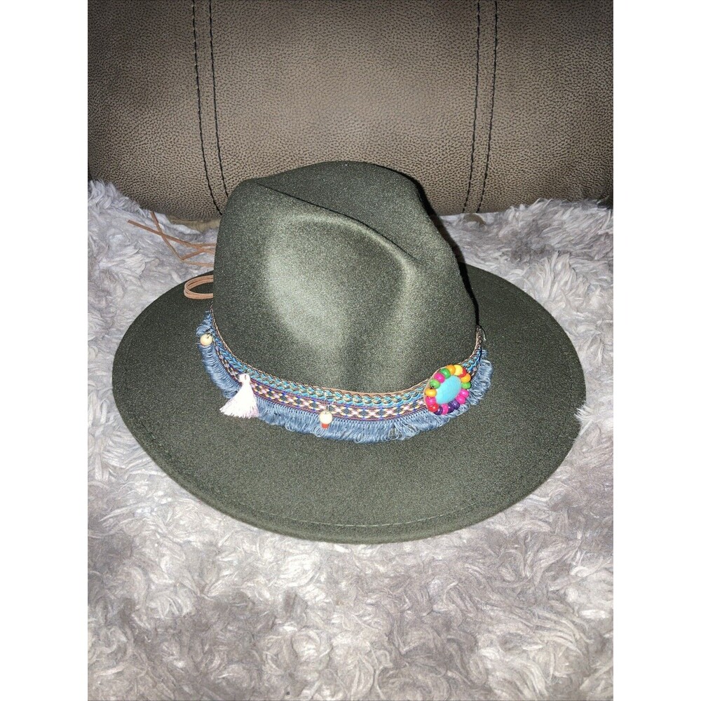 Western Cowboy Hat Fedora Panama Party Bead Tassle Army Green Unisex Rodeo Boho - Picture 2 of 5